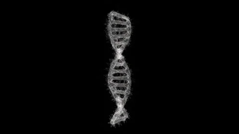 DNA genetic model technology concept. helix interconnected polygons on black bac Stock Footage 258633205