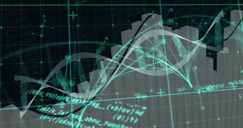 DNA helix emerging from left gliding to center initiating bars pulsing in rhythm 스톡 동영상 316624377