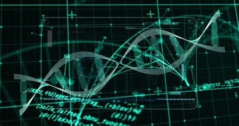 DNA helix emerging scanning line causing pulses centering as nodes and code Stock Footage 313617716