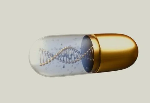 DNA helix inside pill capsules standing 3d illustration Stock Illustration