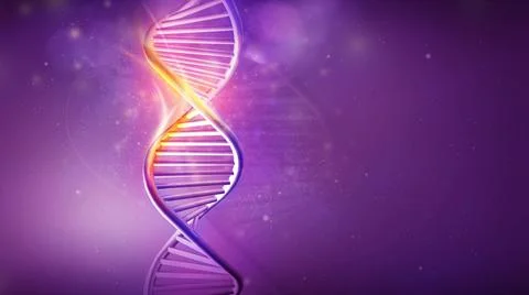 DNA helix model on a violet background, 3D render. Illustrazione stock