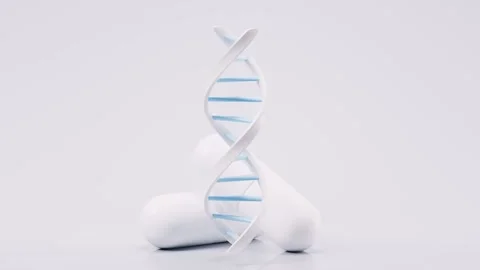 A dna helix rotates above two white medical pills in a seamless loop 3d ani.. Stock Footage 332389580
