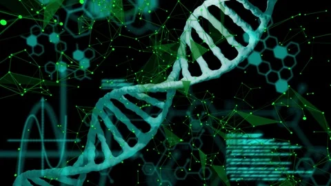DNA helix rotating after code overlay appearing, nodes pulsing, HUD shifting, Stock Footage 334744341