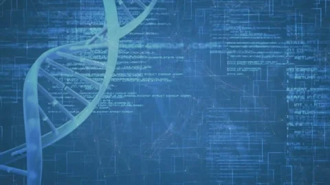 DNA helix rotating left, code fading and streaming, grid flickering, visualizing Stock Footage 328584012