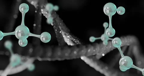 DNA helix rotating while teal clusters entering frame and drifting on black Stock Footage 331160965