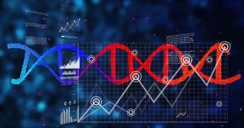 DNA helix shifting colors in data visualization with grid, data overlays and Illustrazione stock