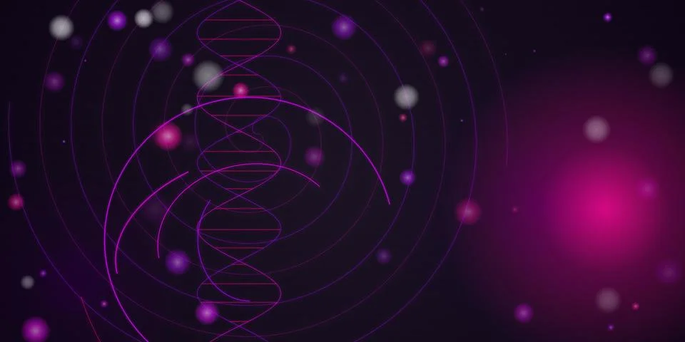 Dna helix structure with glowing particles in dark space 库存插图