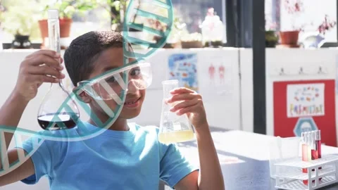 DNA helix sweeping down causing science student raising flasks and comparing Stock Footage 333774633
