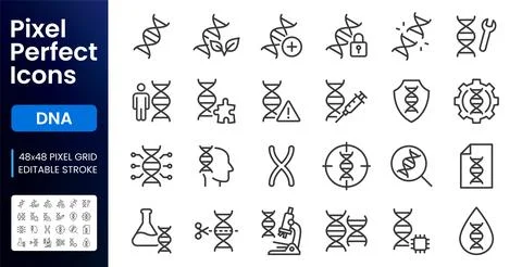 DNA line icon set. Gene research, genome helix, protein structure, chromosome Stock Illustration