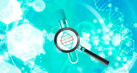 DNA in magnifying magnifier. 3d model of a medical tube with a DNA molecule Stock Illustration