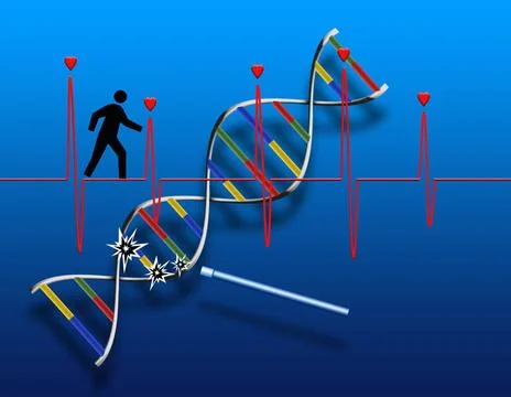 DNA modification Symbolic composition. DNA strand and heartbeat cardiogram... Stock Photos