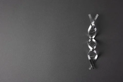 DNA molecular chain model made of metal on grey background, top view. Space.. Foto stock