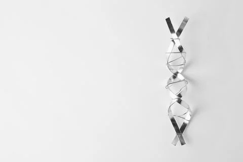 DNA molecular chain model made of metal on white background, top view. Spac.. 写真素材