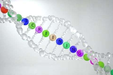 DNA molecular model with SCREENING text. 3D rendering Stock Illustration