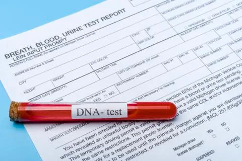 DNA molecule forming inside the vial in for blood analysis.3D rendering, conc Stock Photos