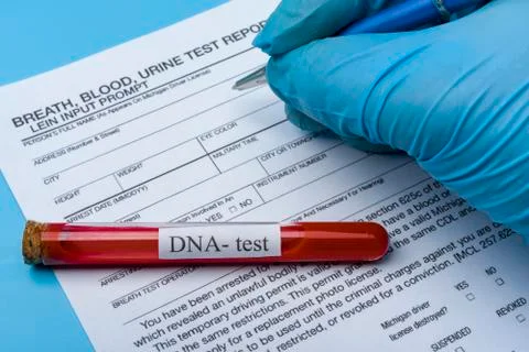 DNA molecule forming inside the vial in for blood analysis.3D rendering, conc Stock Photos