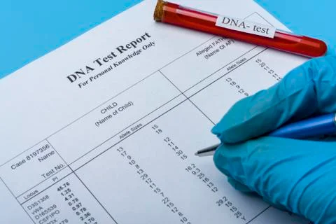 DNA molecule forming inside the vial in for blood analysis.3D rendering, conc Stock Photos