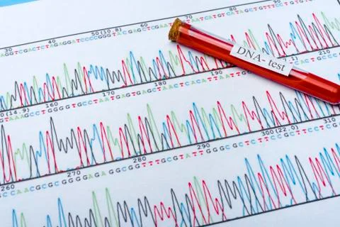 DNA molecule forming inside the vial in for blood analysis.3D rendering, conc Foto stock