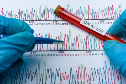 DNA molecule forming inside the vial in for blood analysis.3D rendering, conc Stock Photos