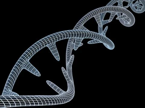 DNA molecule is located in front of a black background. Abstract collage. 3D Ilustração Stock