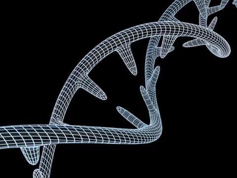 DNA molecule is located in front of a black background. Abstract collage. 3D Ilustração Stock