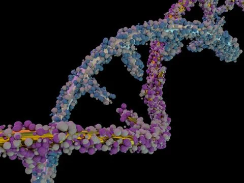 DNA molecule is located in front of a black background. Abstract collage. 3D Ilustração Stock