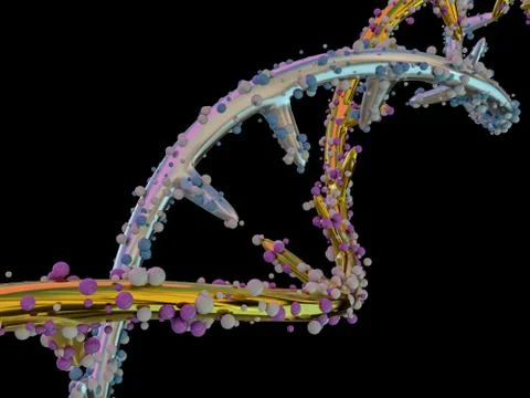 DNA molecule is located in front of a black background. Abstract collage. 3D Stock Illustration