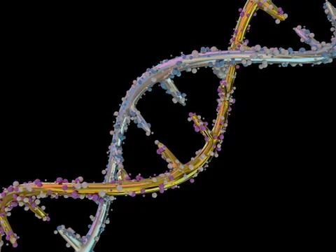 DNA molecule is located in front of a black background. Abstract collage. 3D Ilustração Stock