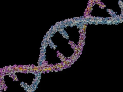DNA molecule is located in front of a black background. Abstract collage. 3D 스톡 일러스트