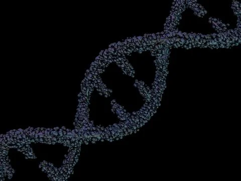 DNA molecule is located in front of a black background. Abstract collage. 3D Ilustração Stock