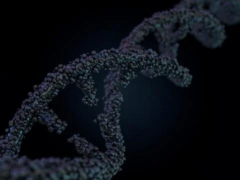 DNA molecule is located in front of a black background. Abstract collage. 3D Stock Illustration