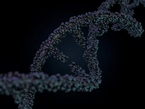 DNA molecule is located in front of a black background. Abstract collage. 3D Stock Illustration