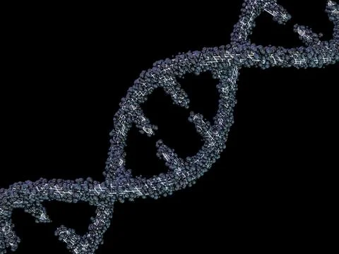 DNA molecule is located in front of a black background. Abstract collage. 3D Stock Illustration