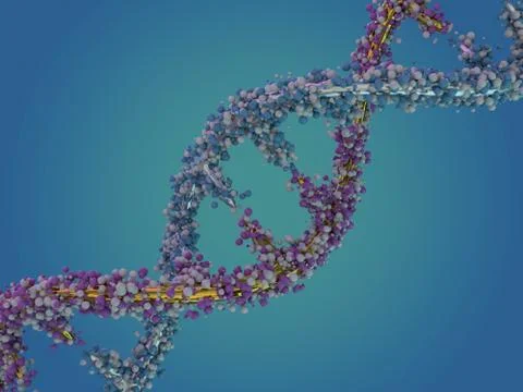 DNA molecule is located in front of a blue background. Abstract collage. 3D Ilustração Stock