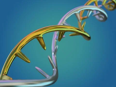 DNA molecule is located in front of a blue background. Abstract collage. 3D Stock Illustration