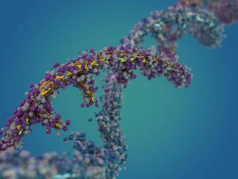 DNA molecule is located in front of a blue background. Abstract collage. 3D Ilustração Stock