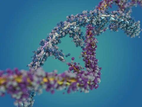 DNA molecule is located in front of a blue background. Abstract collage. 3D Ilustração Stock
