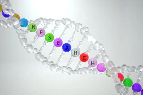 DNA molecule with RESEARCH text. 3D rendering Stockillustratie