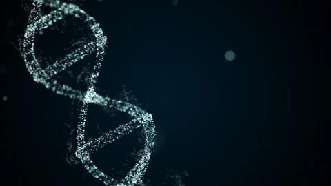 DNA molecule sequence of abstract particles on blue space background. Stock Illustration