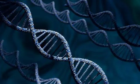 DNA molecule spiral structures on abstract dark blue background. Biology, s.. Stock Illustration