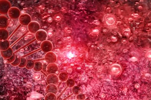 DNA molecule structure on red texture background. Biochemistry concept Stock-Illustration