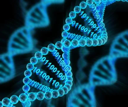 DNA molecules with binary code, 3d render Illustrazione stock