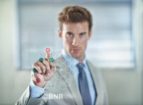 DNA overlay, future or hands of businessman or user for interface, connection or Stock Photos