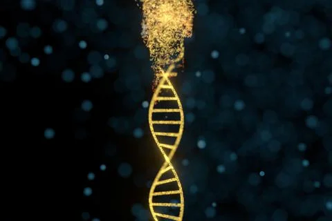 DNA particles and diffused glowing lines, 3d rendering. Stock Illustration