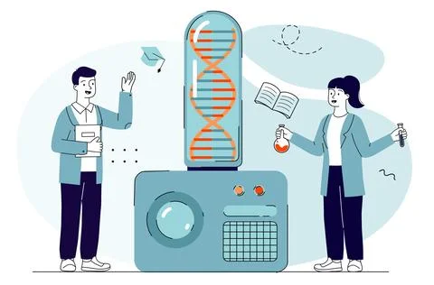 DNA research with students concept. Vector illustration 스톡 일러스트