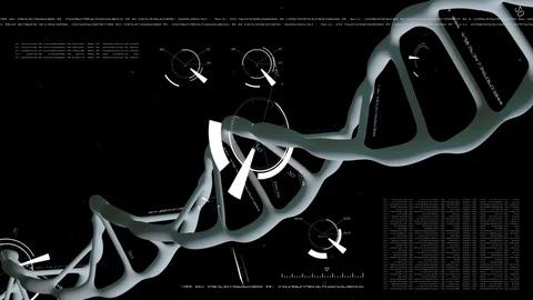 DNA. Rotating blue DNA with formula and data processing background. Genetic Video stock 77649652