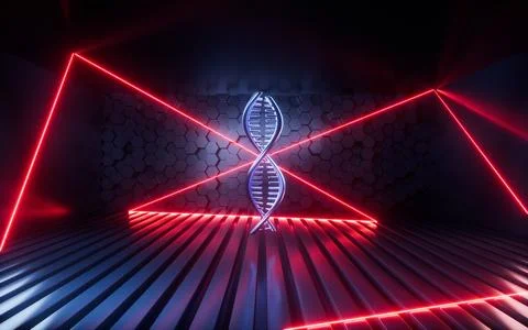 DNA with sci-tech concept in the neon background, 3d rendering. Illustrazione stock