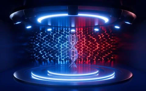 DNA with sci-tech concept in the neon background, 3d rendering. Stock Illustration