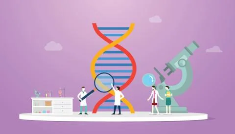 Dna science analysis concept with team doctor scientist and big dna with mode Stock Illustration