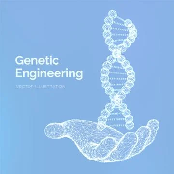 DNA sequence in hand. Wireframe DNA molecules structure mesh. DNA code editab Illustrazione stock
